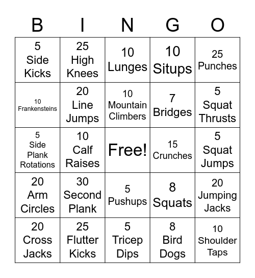 Fitness Bingo Card