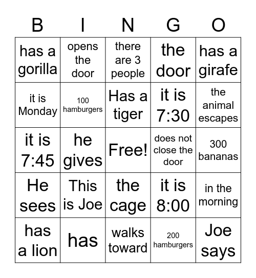 Los animales de Joe Bingo Card