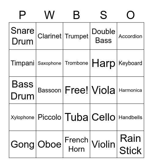 Instrument Sections Bingo Card