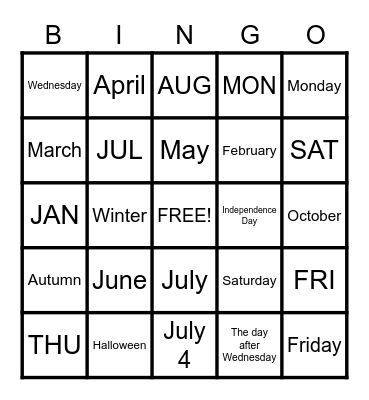 Calendar Bingo Card