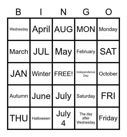 Calendar Bingo Card