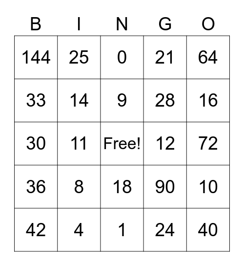 Number Bingo Card