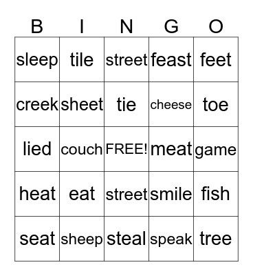 Long e, ee, silent e Bingo Card