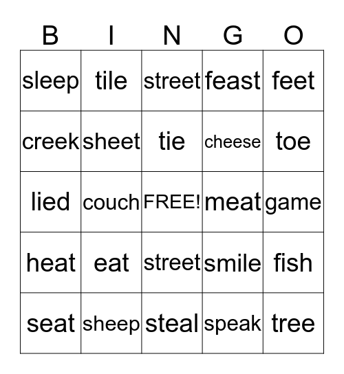 Long e, ee, silent e Bingo Card