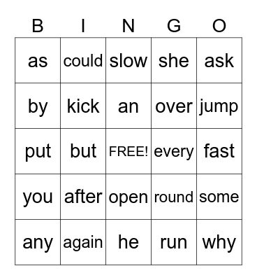 September High Frequency Words Bingo Card