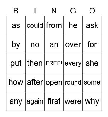 September High Frequency Words Bingo Card