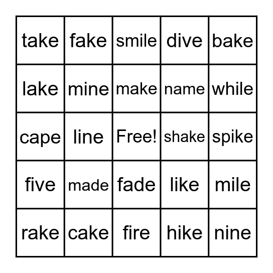 A_E and I_E Words Bingo Card