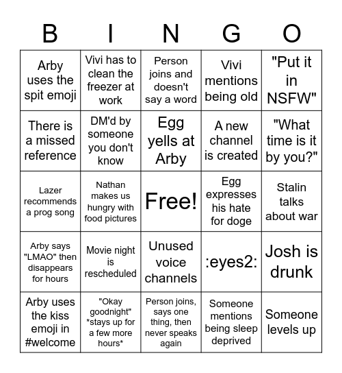 Arby's Server Bingo Card