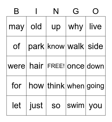 November High Frequency Words Bingo Card