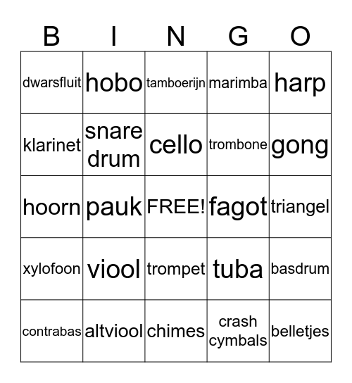 Muziek Bingo Card