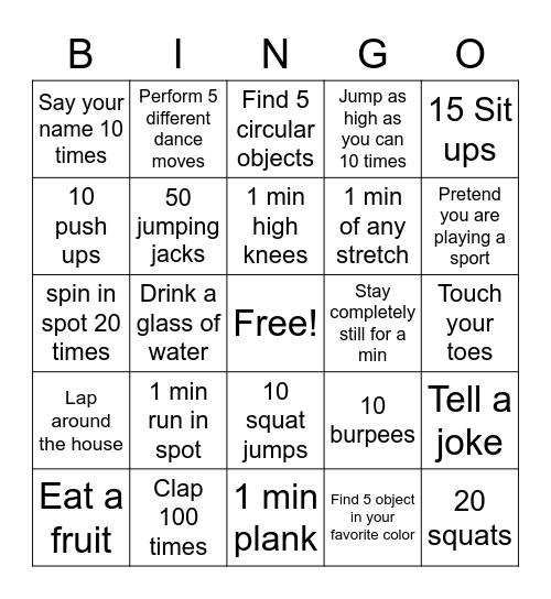 Movement bingo Card