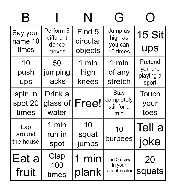 Movement bingo Card