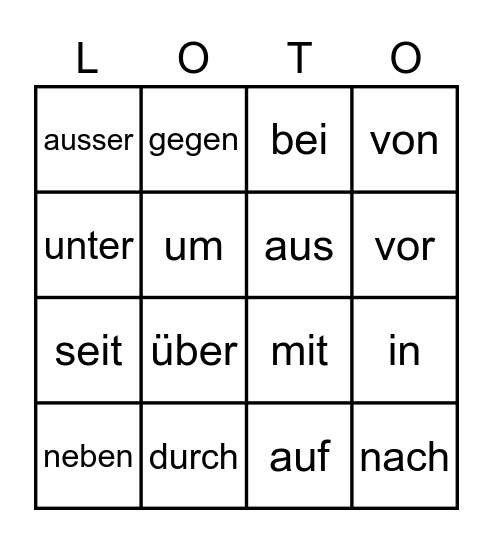 Was bedeutet Präpositionen? Bingo Card