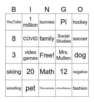 Me in Numbers Bingo Card