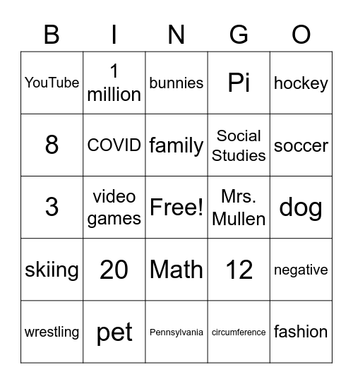 Me in Numbers Bingo Card