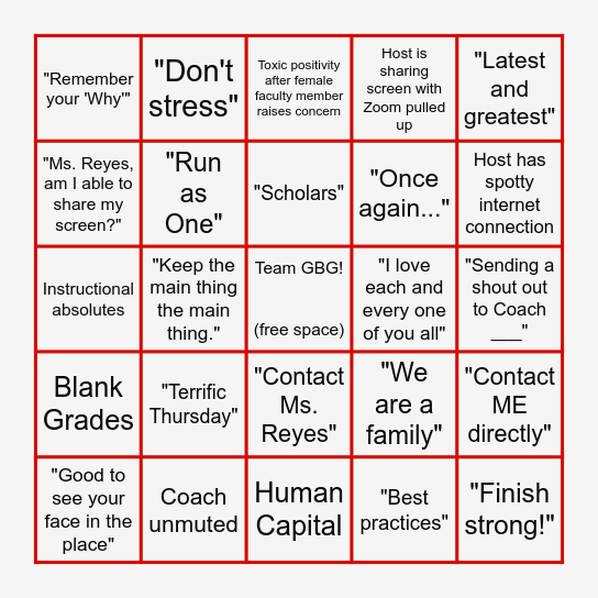 Faculty Meeting Bingo Card