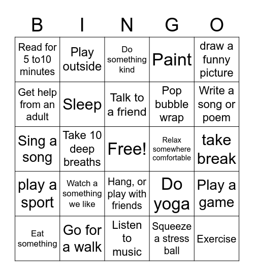 Coping Skills BINGO Card