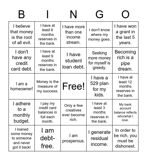 Financial Wellness Bingo Card