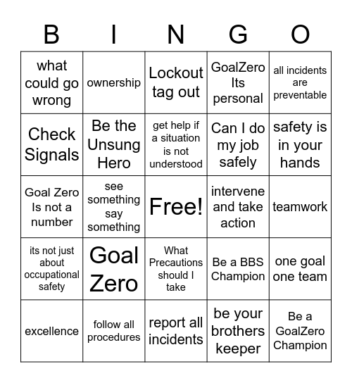 GoalZero Bingo Card