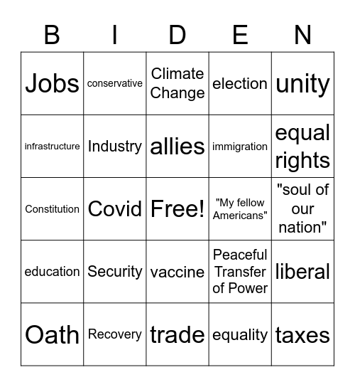 Inauguration Bingo Card