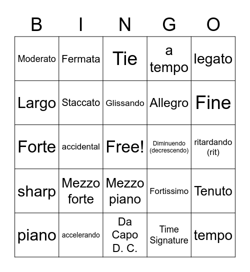 Musical terms Bingo Card