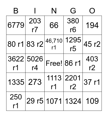 Division Bingo Card