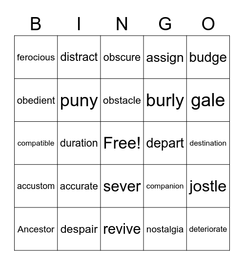 Vocabulary Bingo Card