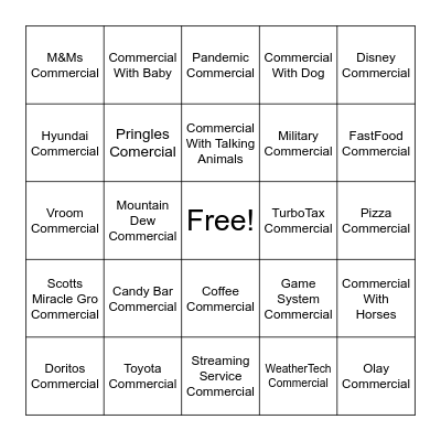 BIG Game Party Commercial BINGO Card