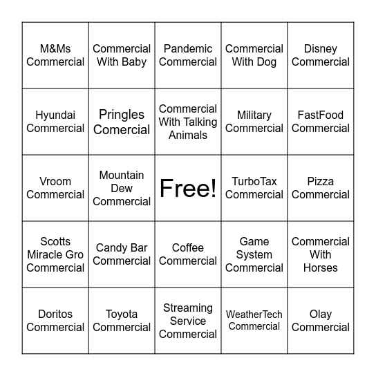 BIG Game Party Commercial BINGO Card