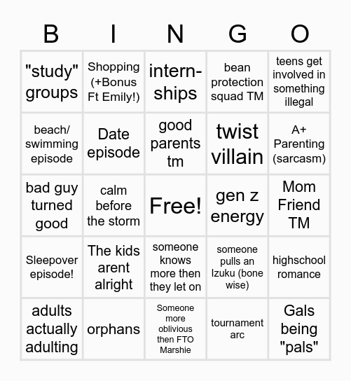 My Hero Origins Bingo Card