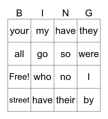 Sight Words Bingo Card