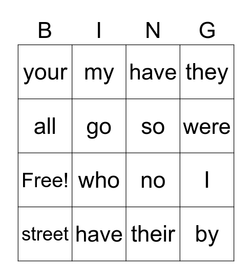 Sight Words Bingo Card