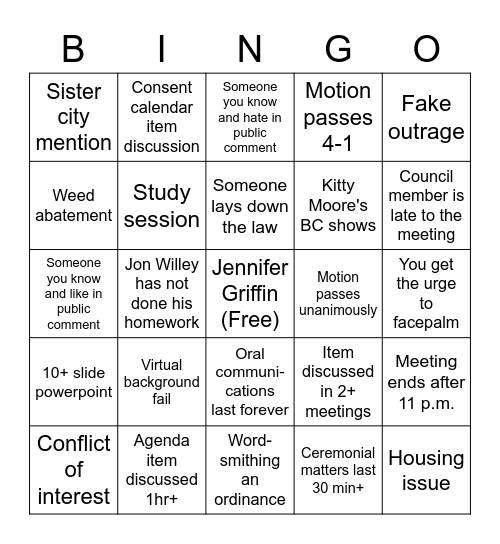 Cupertino City Council Bingo Card