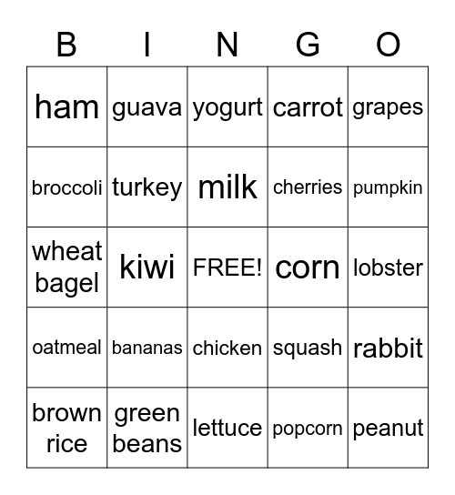 food Bingo Card