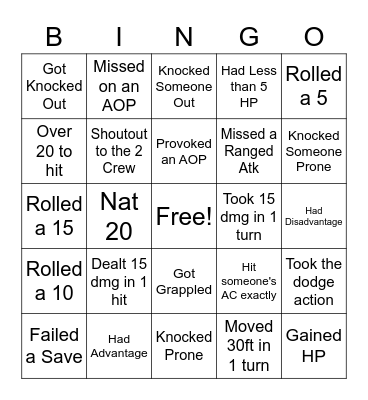 Combat Bingo Card
