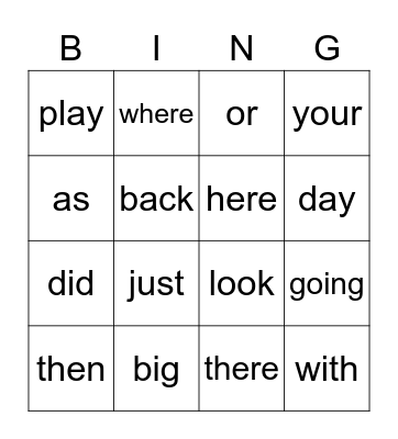 Sight Word Bingo Card