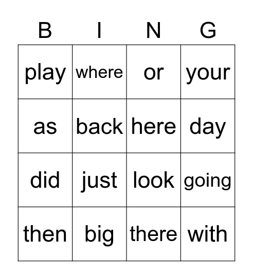Sight Word Bingo Card