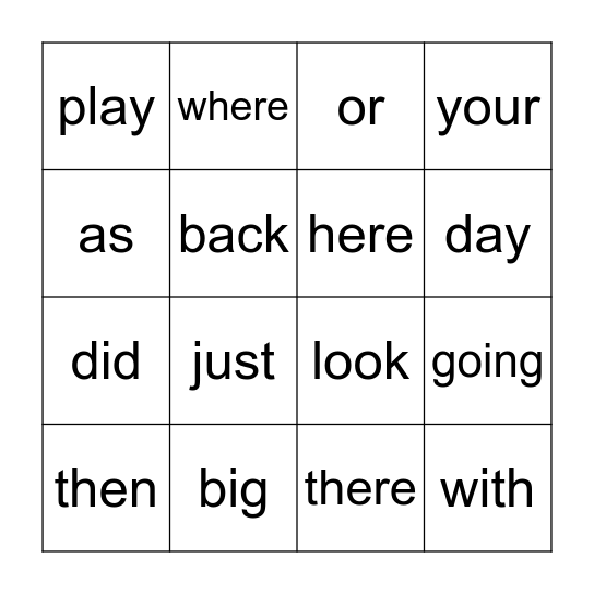 Sight Word Bingo Card