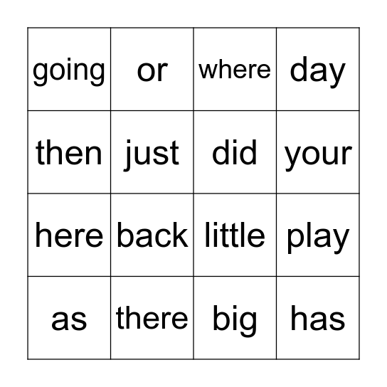 Sight Word Bingo Card