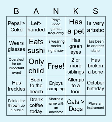 Banks Bingo Card