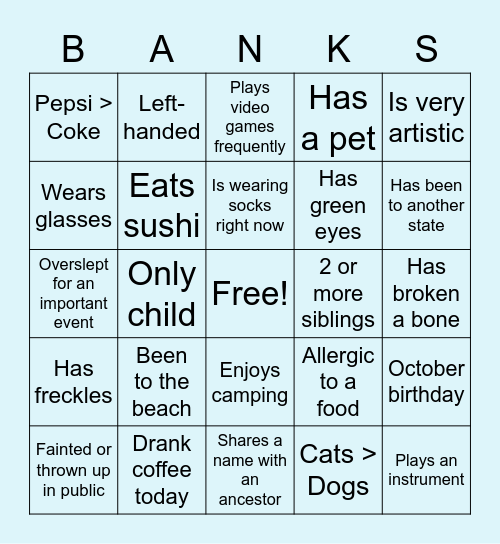 Banks Bingo Card