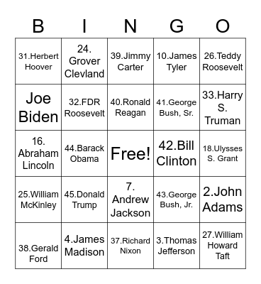 US Presidents Bingo Card