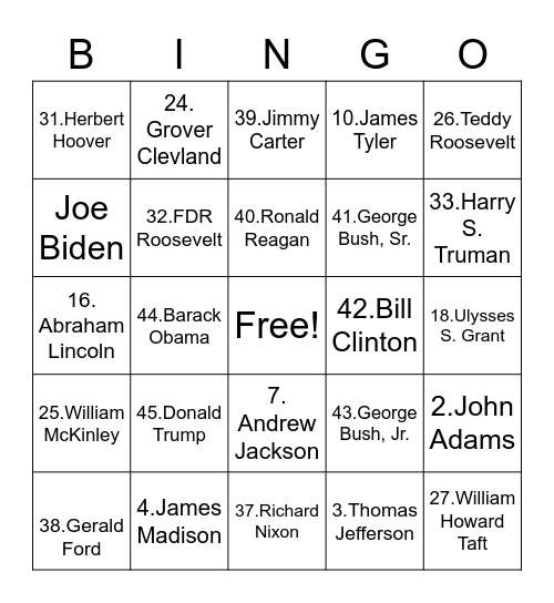 US Presidents Bingo Card