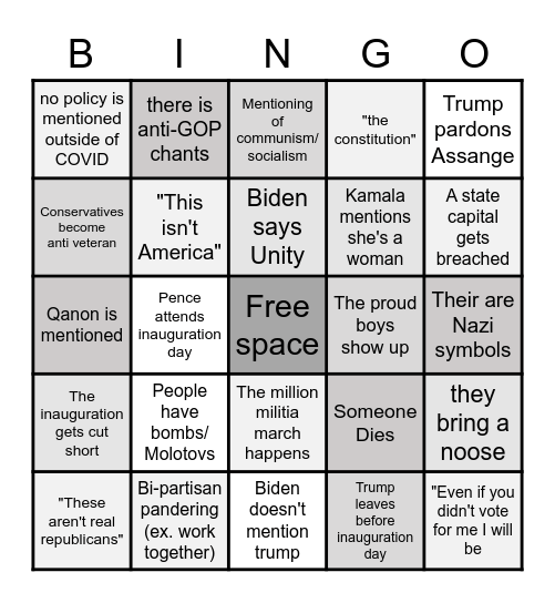 January 20th Bingo Card