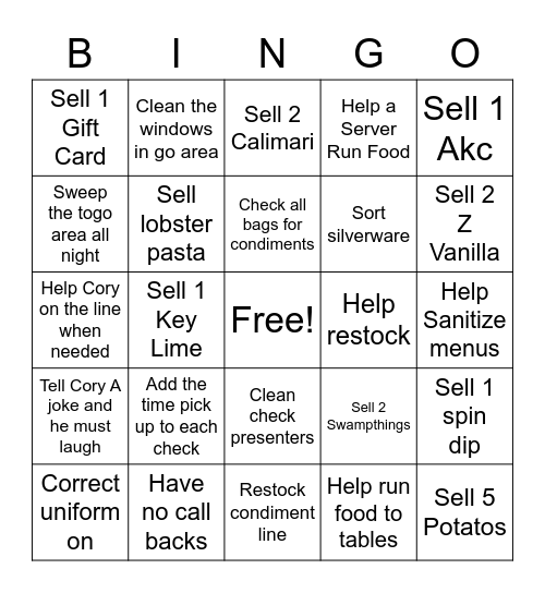 Black Out Bingo TOGO Bingo Card