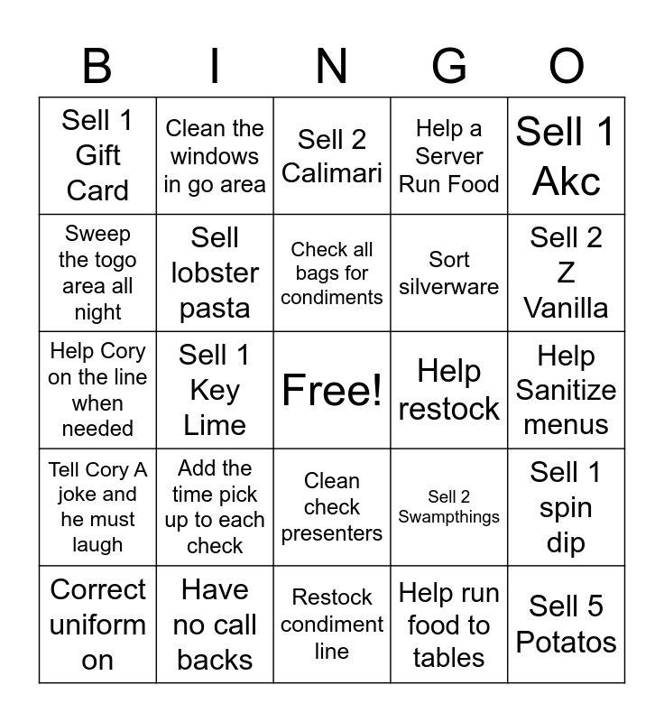 Black Out Bingo TOGO Bingo Card
