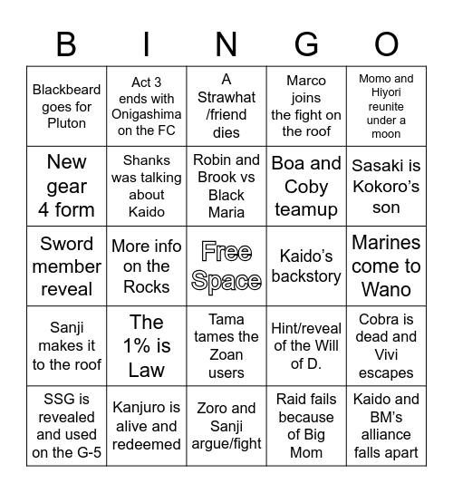 One Piece 2021 Bingo Card