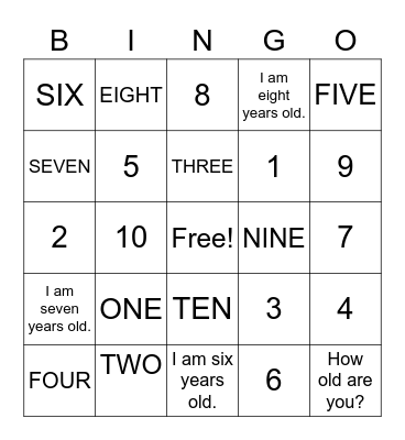 NUMBERS UP TO 10 Bingo Card