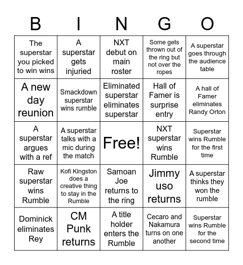 Royal Rumble 2021 Bingo Card