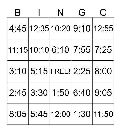 Telling Time Bingo Card